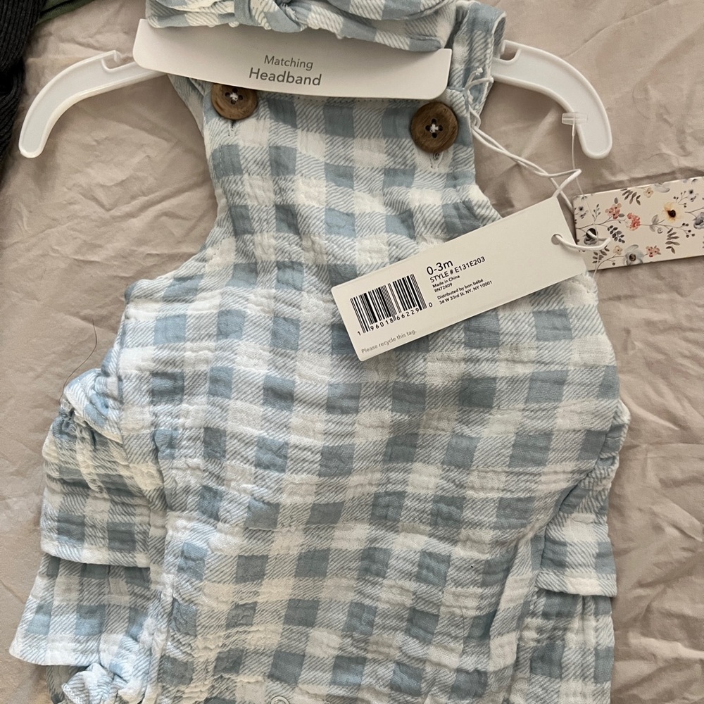 Blue Checkered Kids Romper with Headband